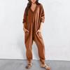 Women Fall Winter Jumpsuit V-Neck Long Sleeve Comfortable Fit Oversized One Tone Pockets Deep Crotch Carryallgy Ankle-banded Soft Lady Pajam
