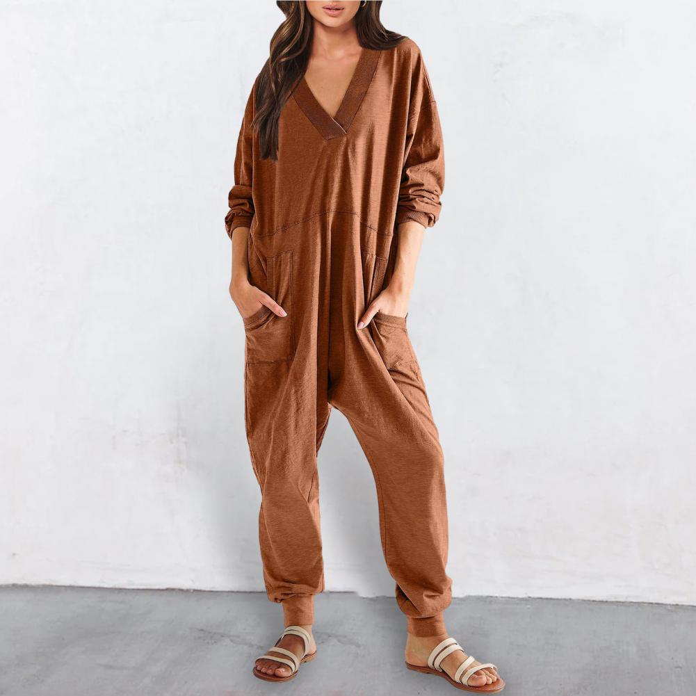 Women Fall Winter Jumpsuit V-Neck Long Sleeve Comfortable Fit Oversized One Tone Pockets Deep Crotch Carryallgy Ankle-banded Soft Lady Pajam