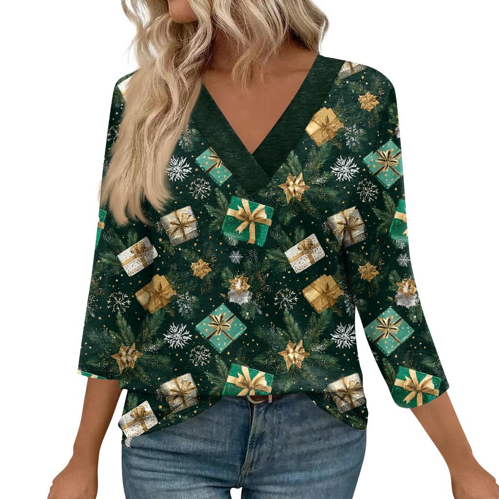 Women's Loose Comfortable Casual Fashion V-Neck Christmas Print 3/4 Sleeve Top