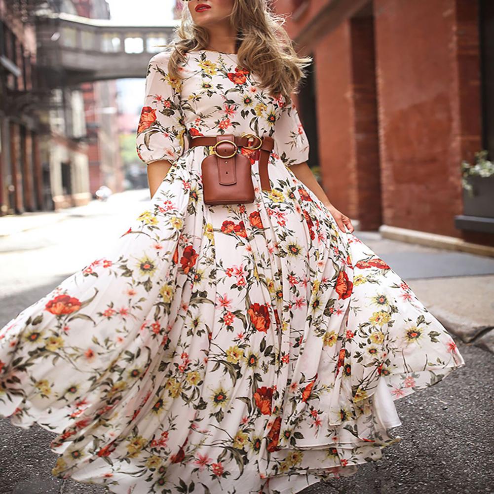 Abito stampato aderente, elegante abito lungo floreale per donna, silhouette a trapezio, design a vita alta, dettaglio mezza manica per primavera estate