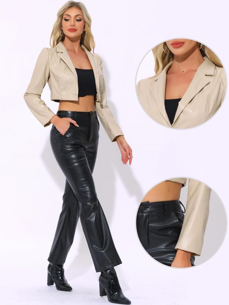 Allegra K Women's Cropped Blazer, Moto PU Jacket with Notch Lapel Collar, Single-Breasted Faux Leather, Apricot, Size XL