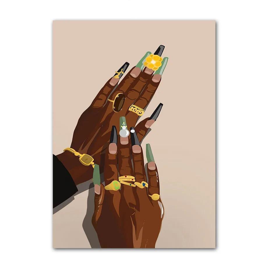 Black Art Fashion Hip Hop Girl Manicure Jewelry Lips Poster African Black Woman Beautiful Nails Painting Pictures Living Room Beauty Salon Decor