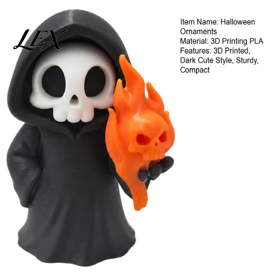 Small Gothic Room Accessories Cute Grim Reaper Halloween Figurine, 3D Printed Spooky Little Fun Party Tabletop Ornaments Statue with Flame Skull,