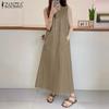 ZANZEA Damen Sommer Rundhals Lose Casual Ärmelloses Kleid
