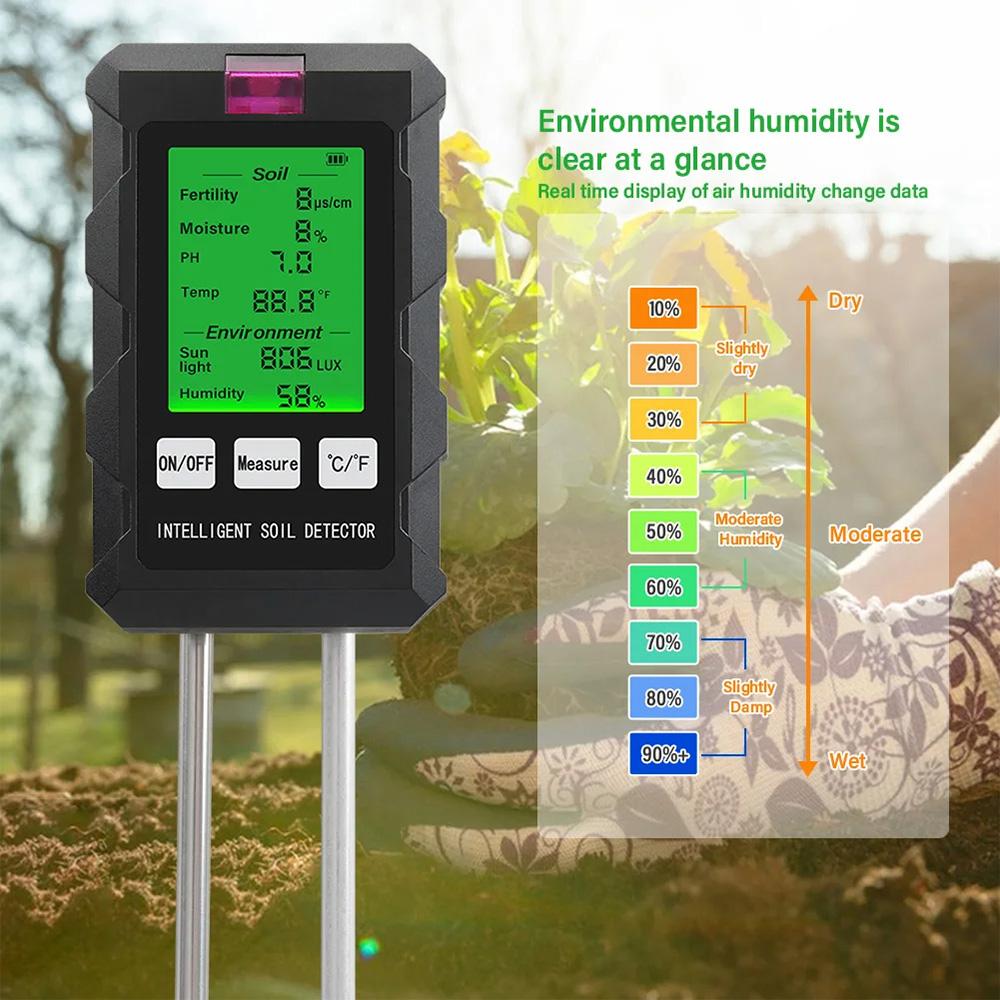 6-in-1 Intelligent Soil Tester with Dual Probe Digital Backlit Display Screen Temperature Humidity