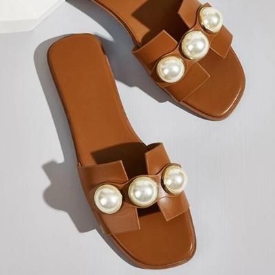 Damenschuhe Neue Perlen-Hausschuhe mit flacher Unterseite Leichte Damen-Hausschuhe mit niedrigem Absatz Outwear Strandsandalen Hausschuhe