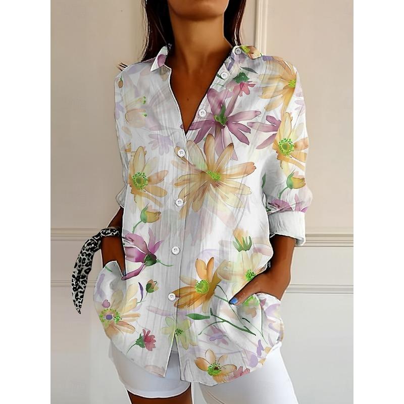 Women's Shirt Floral Graphic Elegant Vintage Tropical Long Sleeve Shirt Collar Regular Tops Daily Buttons Print Summer Spring