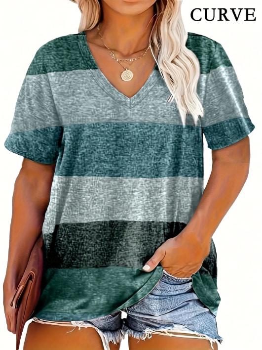 Plus Size 0XL-5XL Women's Fashion Striped Print V-Neck T-Shirt Casual Loose Short Sleeve Summer Tops