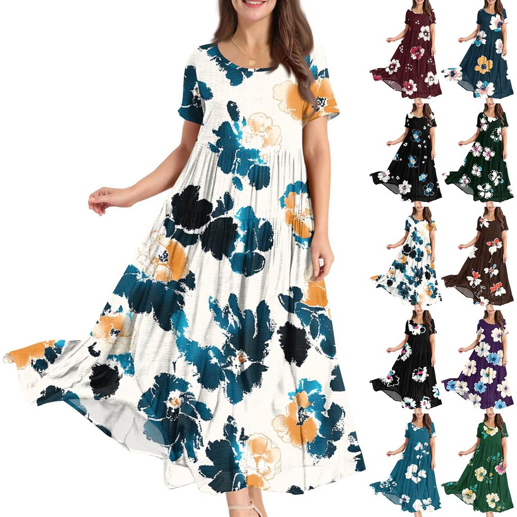 Dámské letní šaty s kulatým výstřihem, krátkým rukávem, květinovým potiskem, boho, volné
