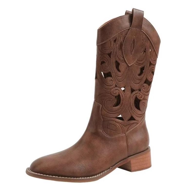 Fashion Women Shoes Brown Retro Western Cowboy Boots 2025 New Women's Boot Embroidered Knight Boots for Women Thick Heel Fashion Boots