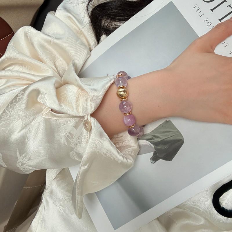 Handmade Natural Lavender Amethyst Kunzite Crystal Bracelet Women Single Strand Round Bead Elegant Versatile