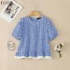 ZANZEA Dames Casual Blouse met Ruitjesprint, Ronde Hals en Korte Mouwen