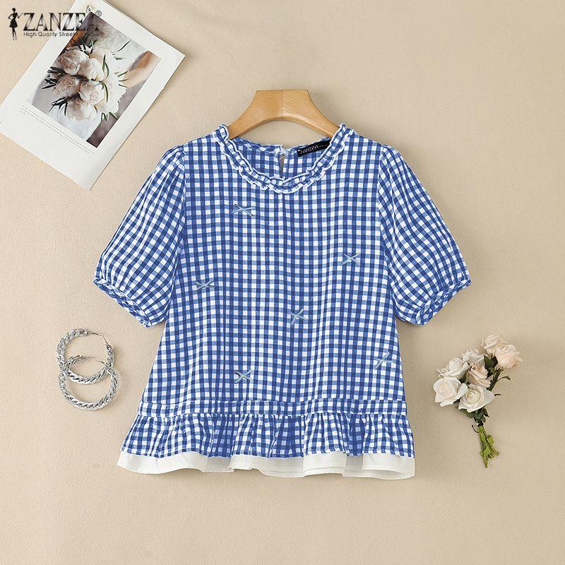 ZANZEA Dames Casual Blouse met Ruitjesprint, Ronde Hals en Korte Mouwen