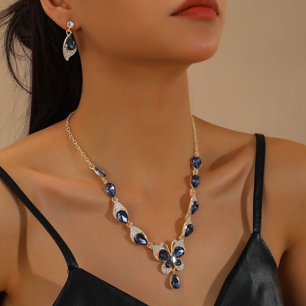 Shining Earrings Necklace Set Bracelet Rhinestone Butterfly Jewelry  Wedding Party