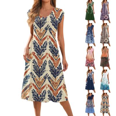 Women's Fashionable V Neck Cap Sleeve Printed Pleated Pullove Loose Long Dress