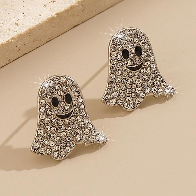 2pcs Vintage-Inspired Cute Metal Ghost Earrings with Sparkling Rhinestones - Perfect for Halloween,Graduation,and Party Fun