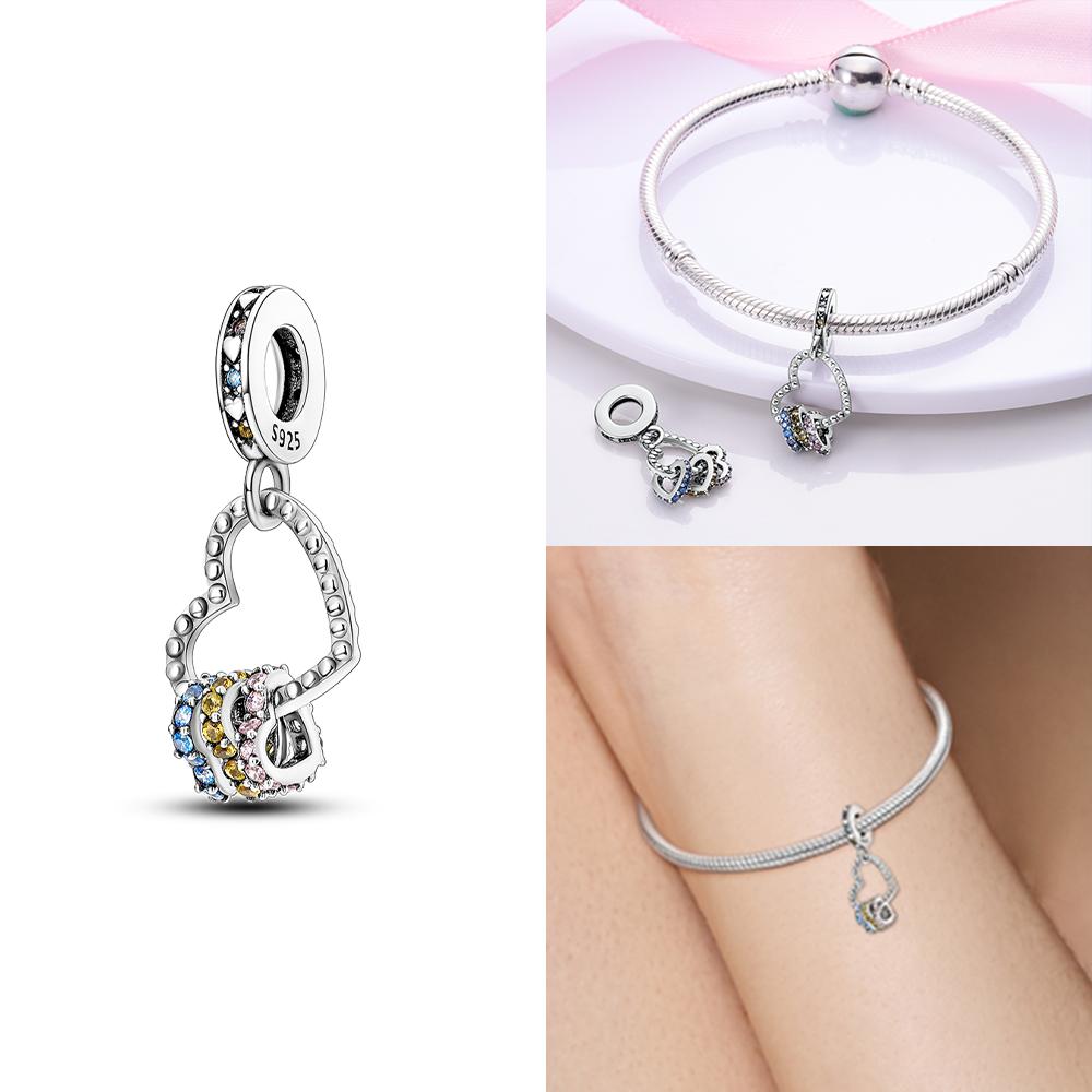 Pink Family Love Heart Charm Original Copper Beads Fit Pan Bracelet Diy Sister Mother Friendship Pendant Fine Gift Jewelry