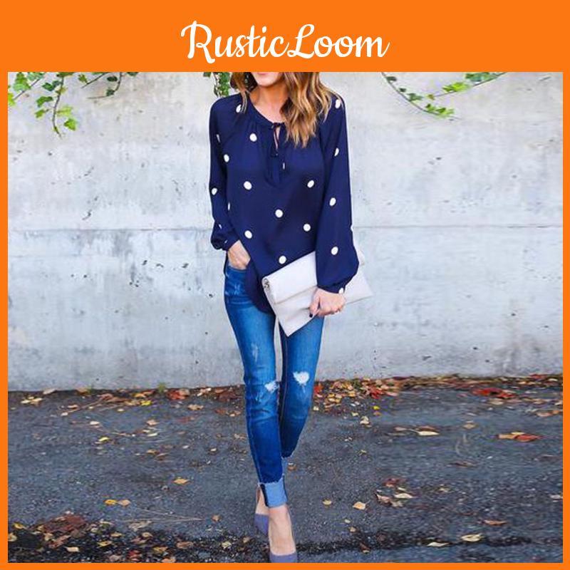 Premium Quality Woman O Neck Long Sleeve Casual Polka Dot Blue Blouse For Everyday Comfort