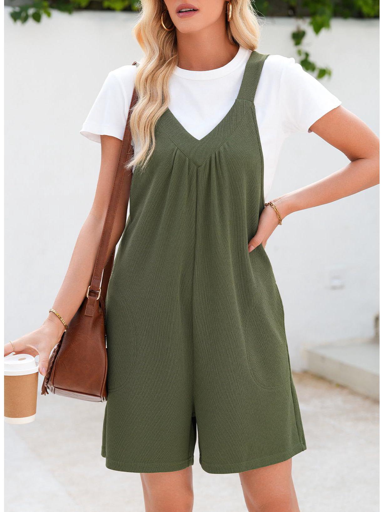 

2025 Весна/Лето Комбинезон без рукавов вафельной вязки однотонный с боковыми карманами для женщин L армия зеленый