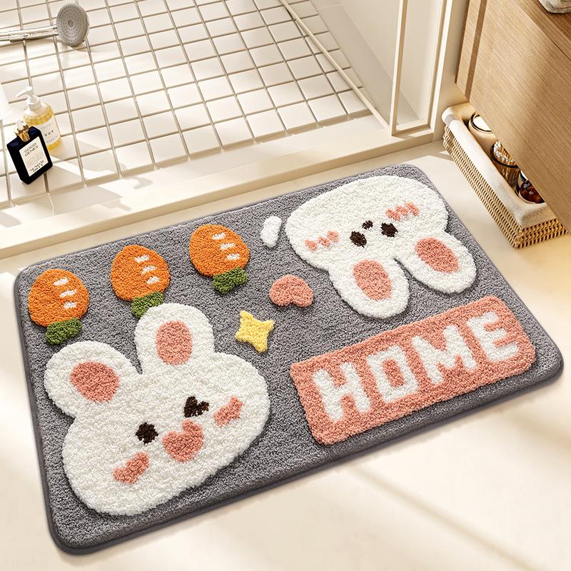 Cute Rabbit Series Super Soft Bath Mat - Thickened Flocked Machine-Washable Bathroom Rug, Non-Slip Decorative Doormat for Home