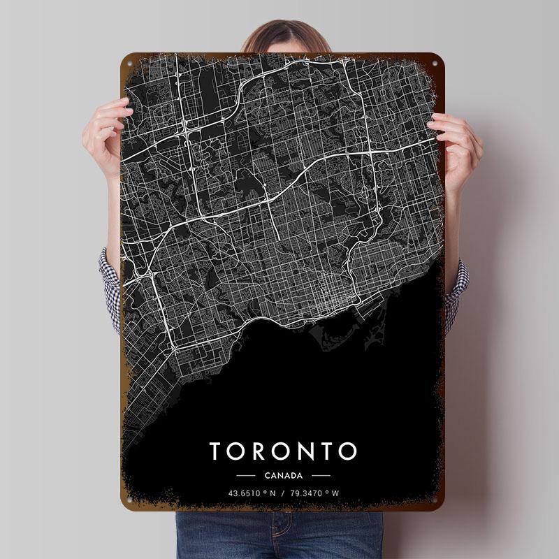 Toronto City Map Dark Tinplate Posters Customizable Wall Art Retro Vintage Metal Signs for Home Room Office Decor Custom Plate