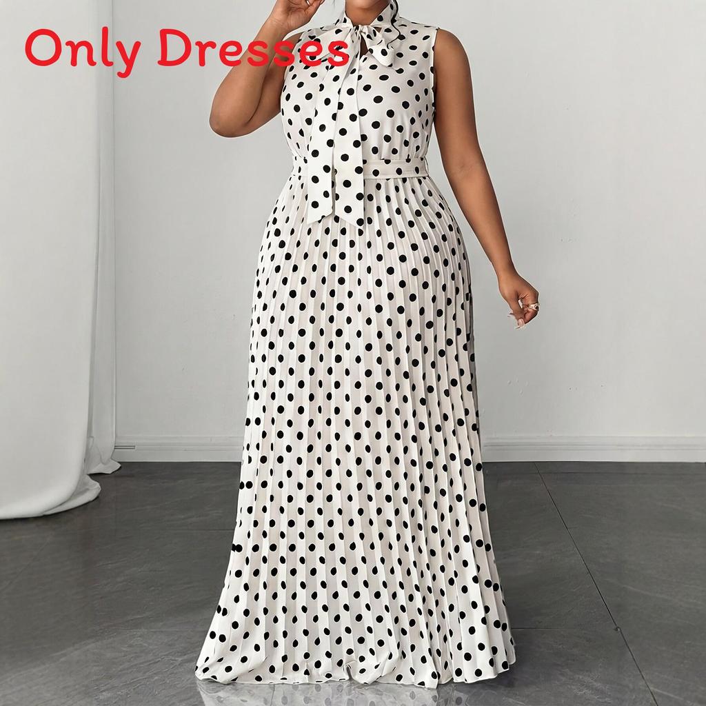 Elegantes ärmelloses Polka-Dot-Kleid mit Bindeband für Sommerreisen und Freizeit