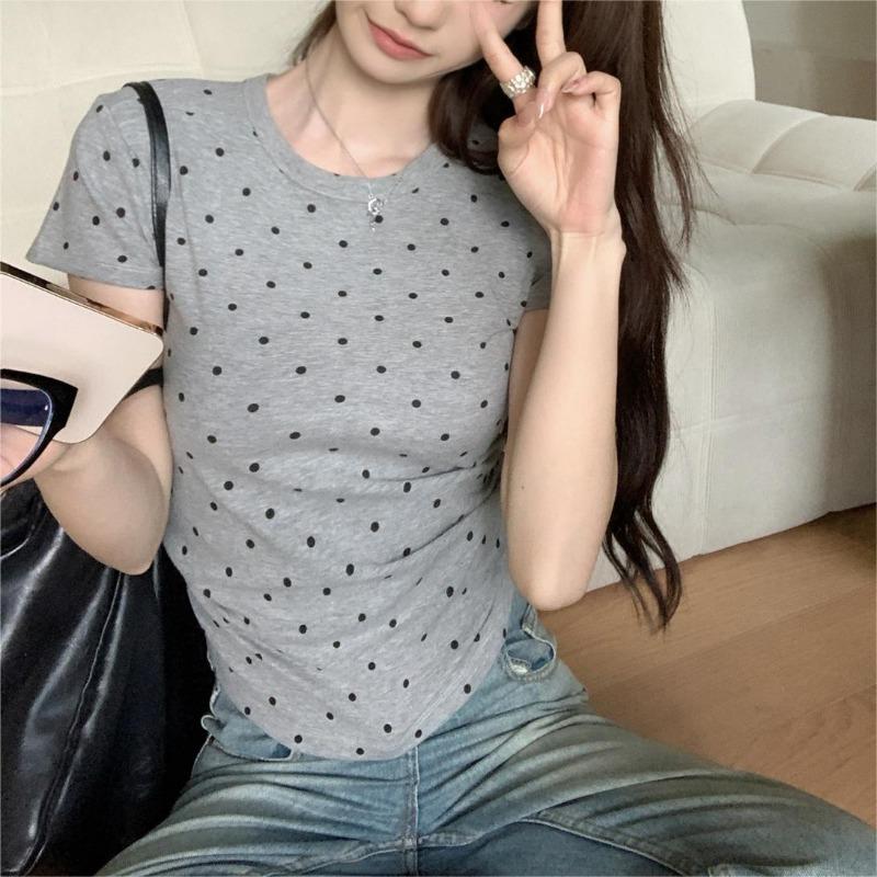 Retro Cotton Right Shoulder Short Sleeve T-shirt Polka Dot Summer New Style Slimming Fashion Hot Girl Versatile Top