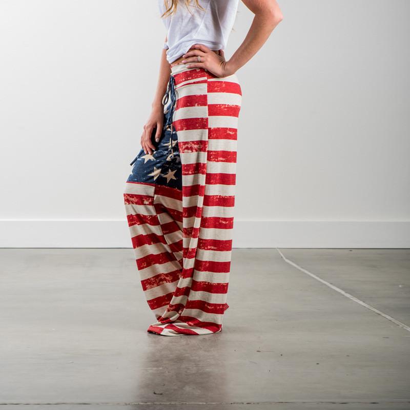Womens High Waist Casual American Flag Print Drawstring Loose Wide Leg Pants For Summer