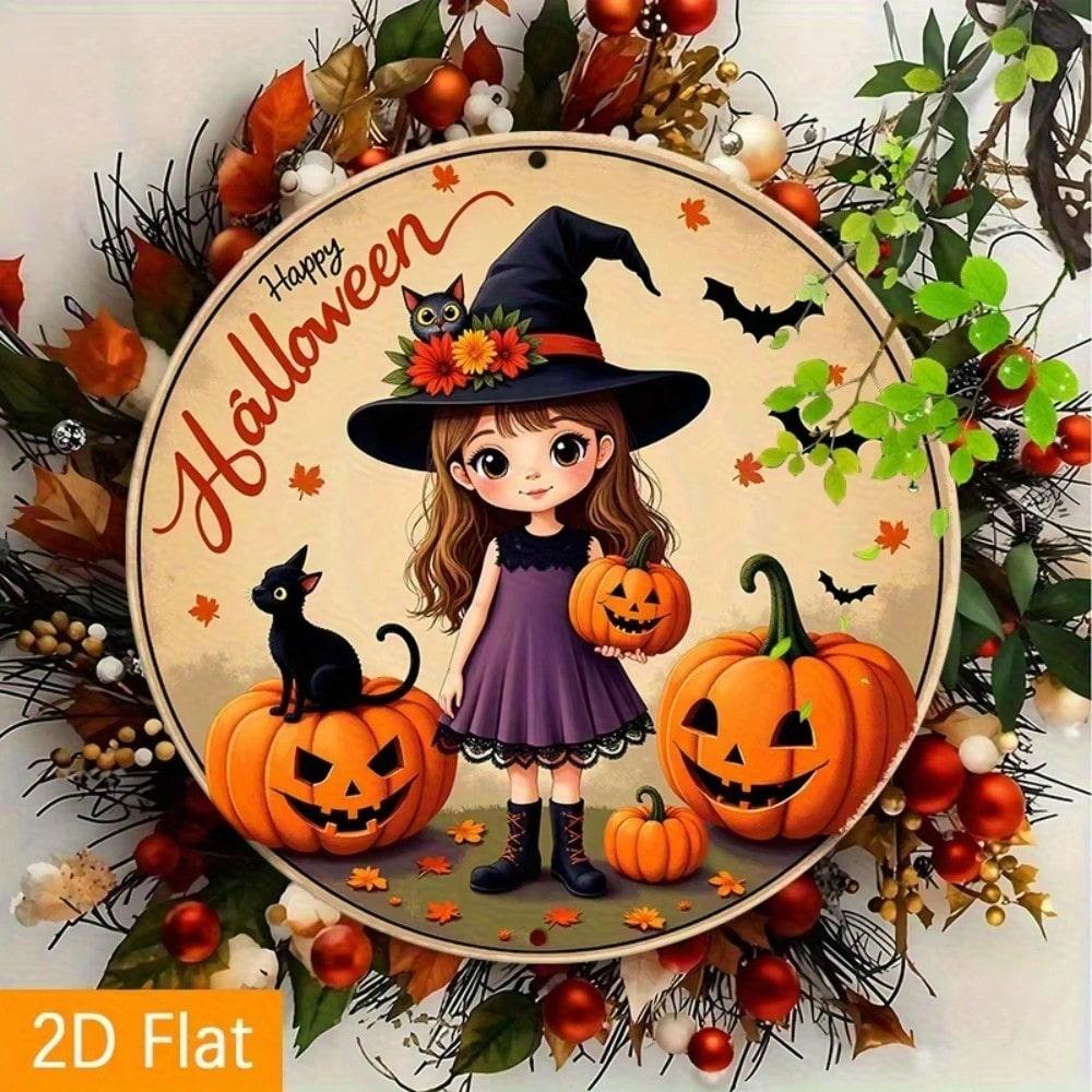 Vintage Halloween Witch Aluminum Round Wall Sign, Black Cat Pumpkins Bats Gothic Metal Art Decor 20x20 разноцветный