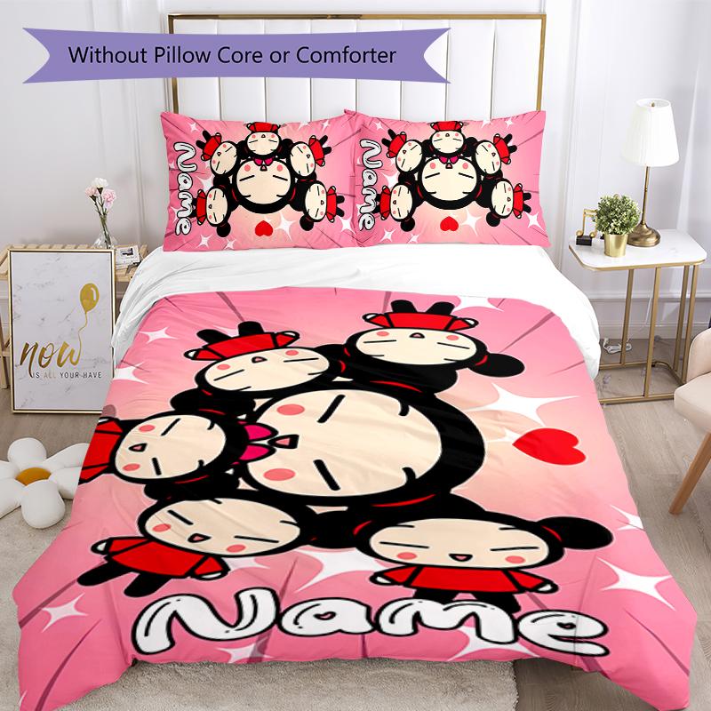 3pcs Custom Name Pucca Bedding Set Duvet Cover Closure Includes 1 Duvet Cover & 2 Pillowcases for All Seasons Bedroom Decor