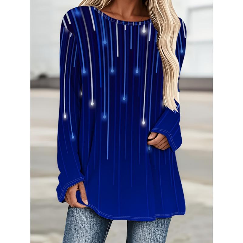 Fashionable Starry Tie Dye Gradient Print Casual Round Neck Long Sleeved T-shirt Casual Long T-shirt Top