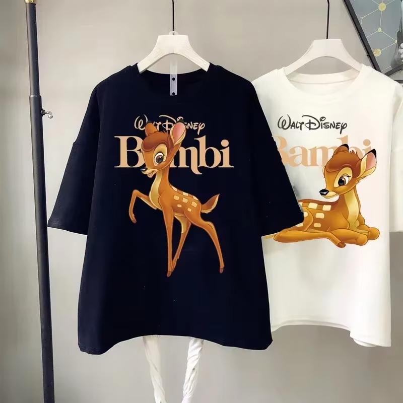 2026 New Cute Cartoon Bambi Retro Fashion Classic Pattern Breathable Crew Neck Top Short Sleeve for Everyday Wear