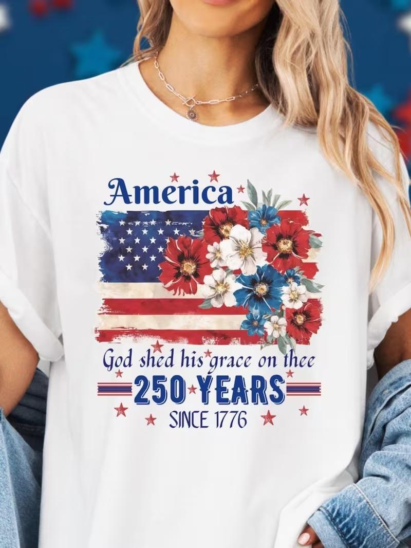 USA Flag Print Tee Womens Patriotic USA Flag Floral Bowknot Print TShirt  4th of July Independence Day Design TShirts S
