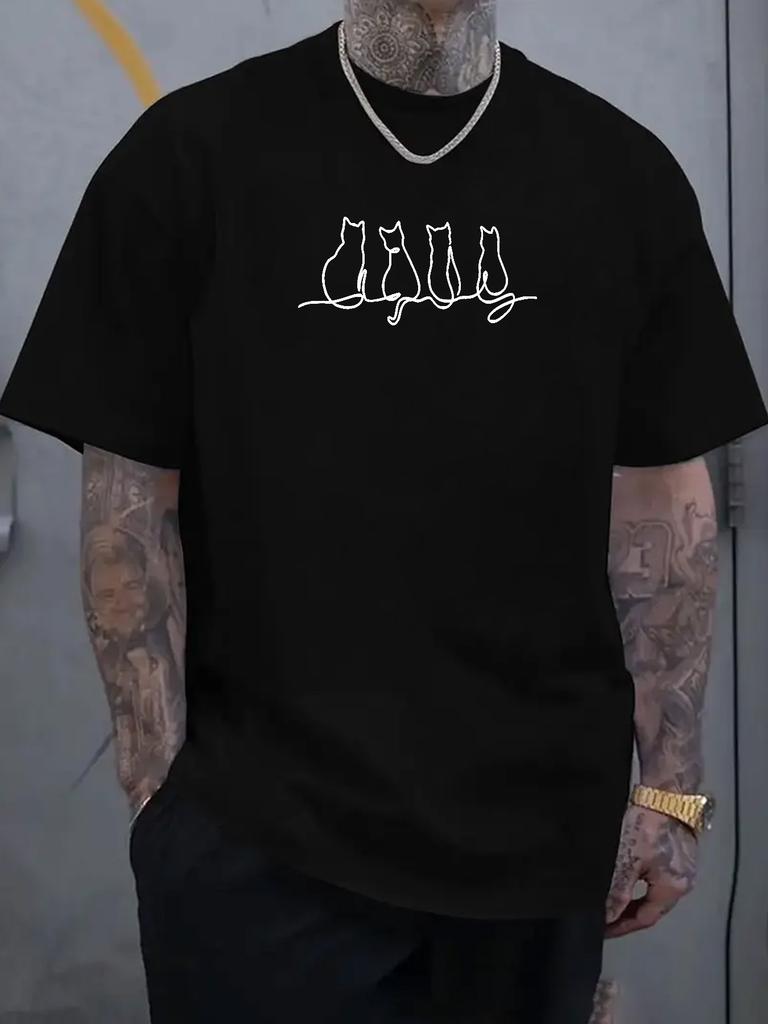 Unisex Black Tee One Line Cat Silhouette Minimalist Graphic Print Crew Neck Short Sleeve Summer Casual Male Cotton Street Daily Top