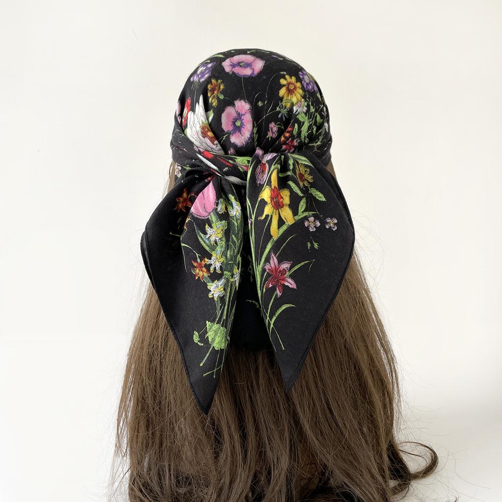 Light Luxury Retro Flower Printing Silk Hair Soft Feel Headscarf Scarf Silk Scarf Spring and Autumn Women Chinese Square Scarf