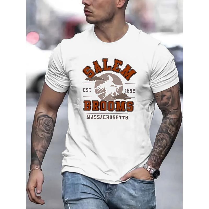 European Sizes Witch Print Men's Short Sleeve T-shirts, Comfy Casual Breathable Tops For Men's Fitness Training, Jogging, Outdoor Activities