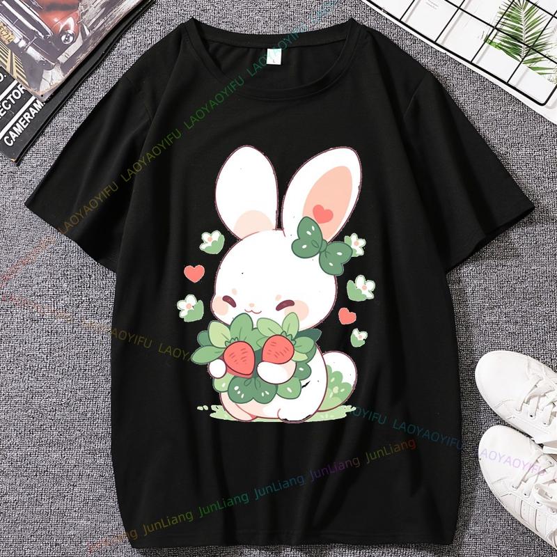 Korean Edition Strawberry Rabbit Cartoon Printed Unisex And Women Short Sleeved Top Trendy Summer Womens Blouse Y2k Clothes Goth