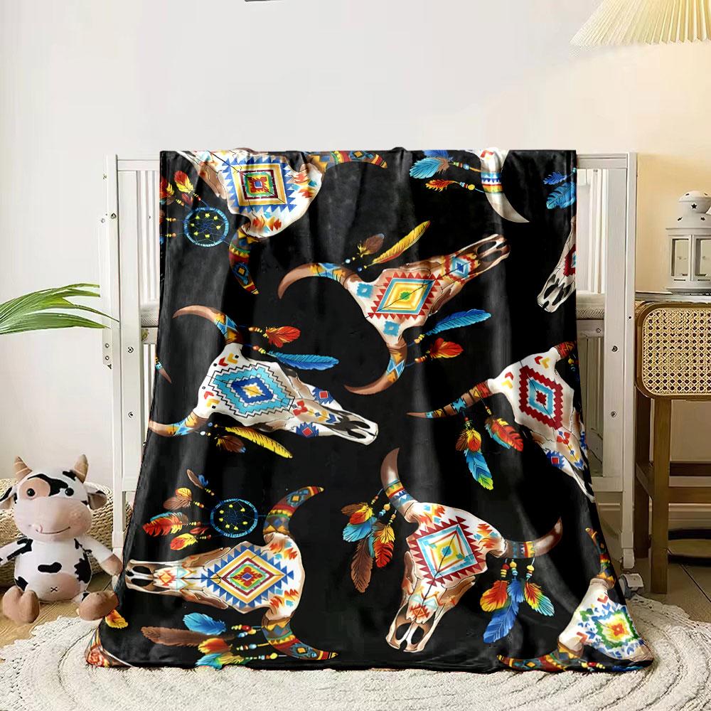 Bohemian Cow Skull Feather Blanket Bedroom Blanket for Livingroom Couch Lunch Break Soft Throw for Friend's Festival Gift
