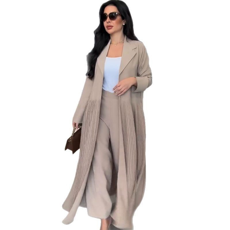 European and American Designer Style Simple Temperament Folding Mid-Length Trench coat Pants Two-piece Set Women clothes