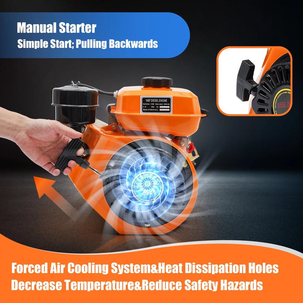 3HP 196CC Oblique Horizontal Diesel Engine, 4-Stroke Hand Start Single Cylinder Engine, 3000RPM Air Cooling Power Tool Accessory