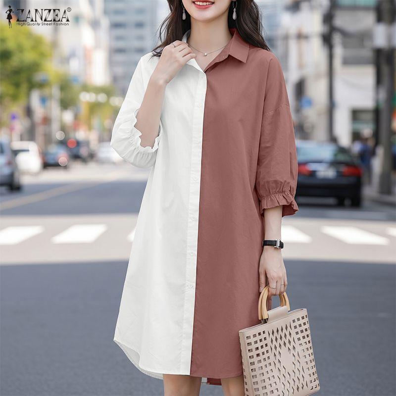 ZANZEA Women Casual Turn Down Collar Loose 3/4 Sleeve Patchwork Shirt Dress