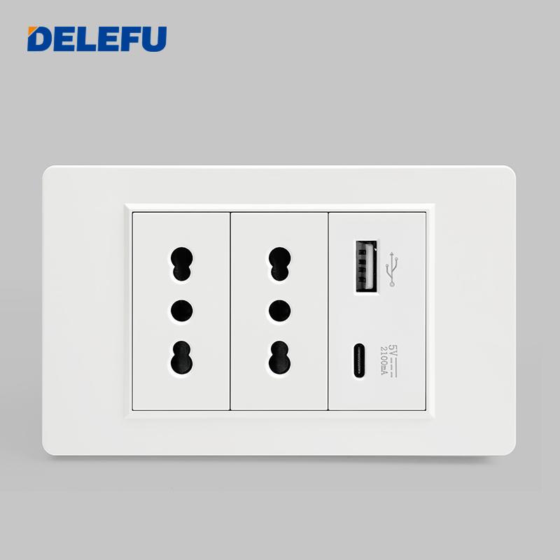 DELEFU Italian Standard White 118 Type Wall Switch Socket with USB + TYPE-C Socket Is Suitable for Hotels and Households.
