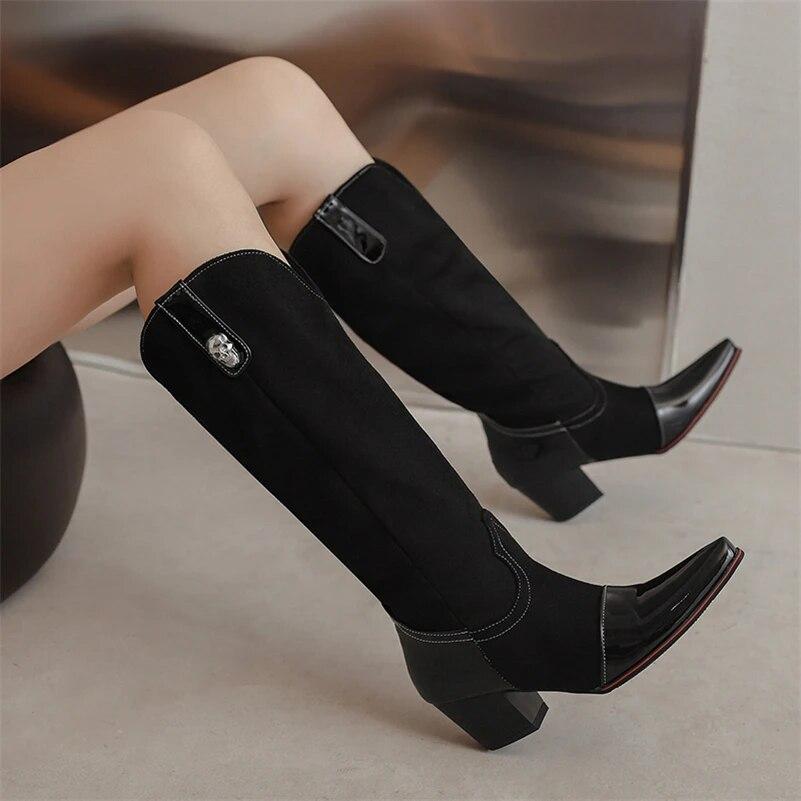FOREADA Women Patent Leather Knee High Long Boots Square Toe Thick High Heels Western Cowgirl Boots Lady Fashion Shoes Winter 46