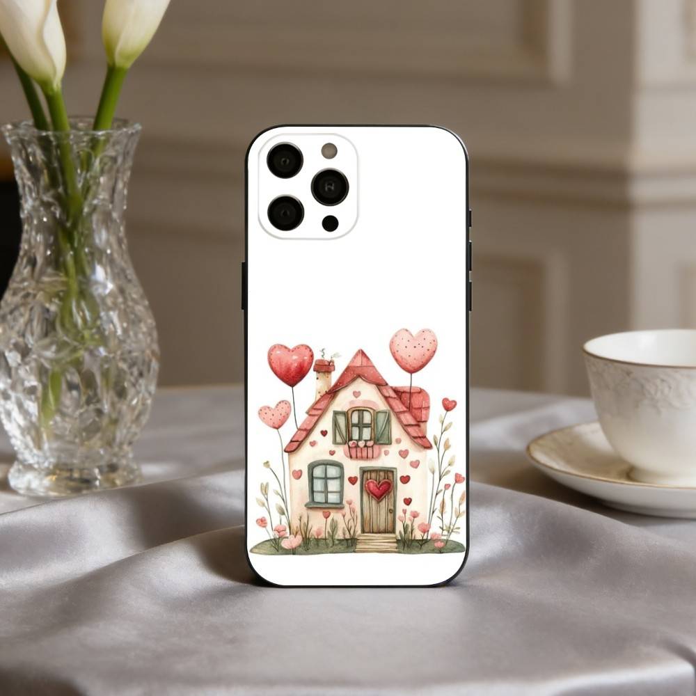Cute Hand-painted Small House Cartoon Phone Case For iPhone 17,16,15,14,13,12,11 Plus,Pro Max,XS,Soft Silicone Black Cover