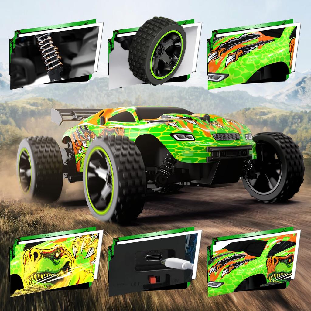 Tecnock RC Car for USB Toy RC Birthday Gift Kids, Type-C Charging, Off-Road Car, 2.4Ghz Car, (Green Dinosaur)