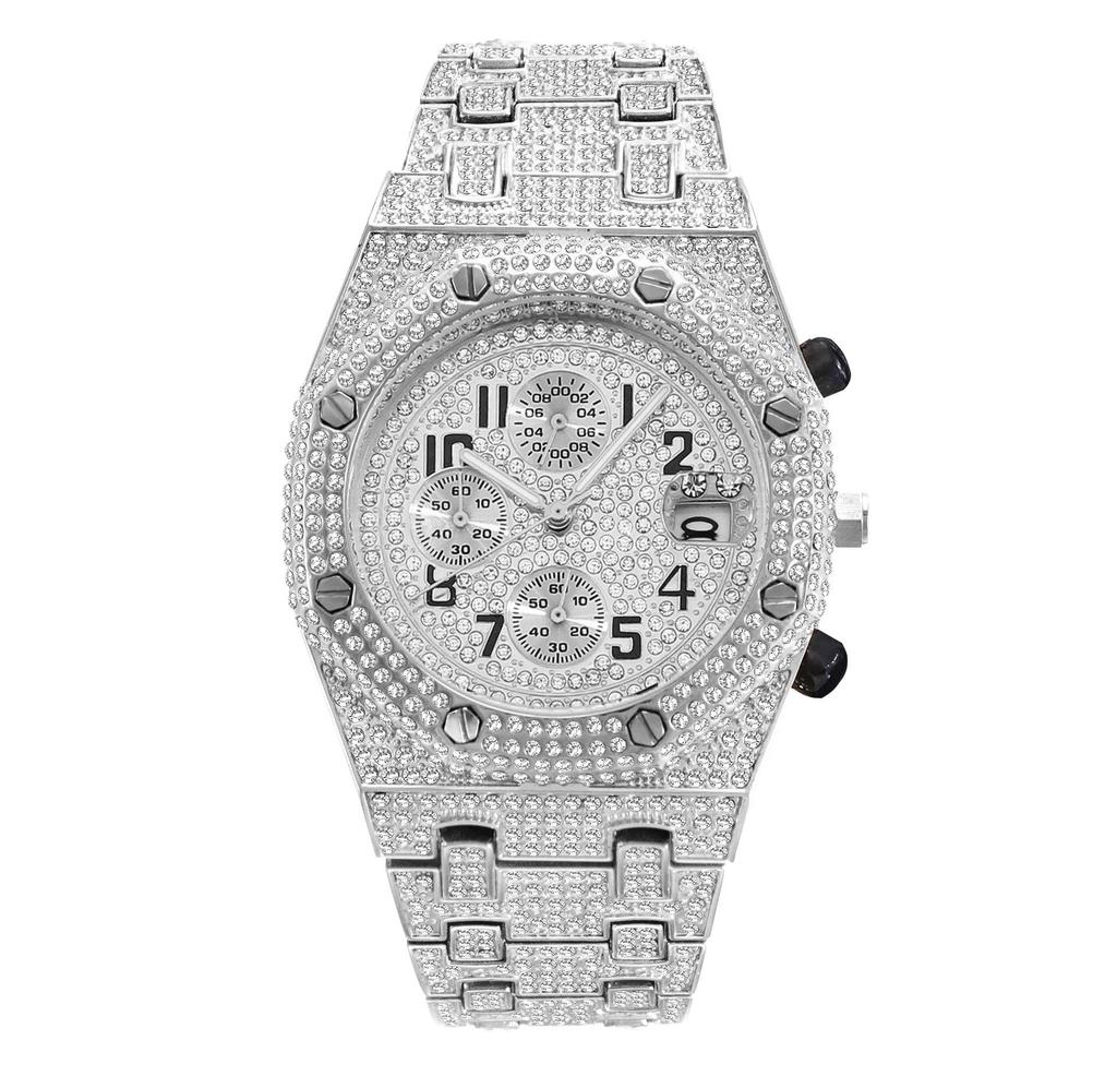 MISSFOX Men's Hip-Hop Fashion Chronograph: Full-Diamond Three-Eye Small Dial Sport Watch