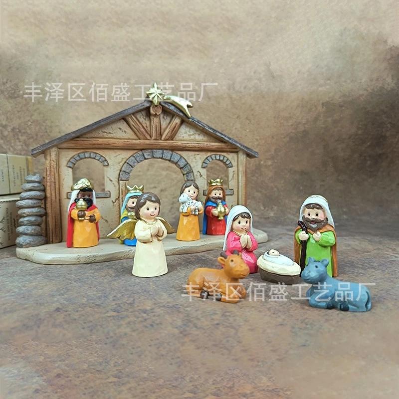 Christmas Nativity Manger Scene Resin Figurine Rustic Carved Wood Table Centerpiece Home Mantel Decor For Families Holiday Gift