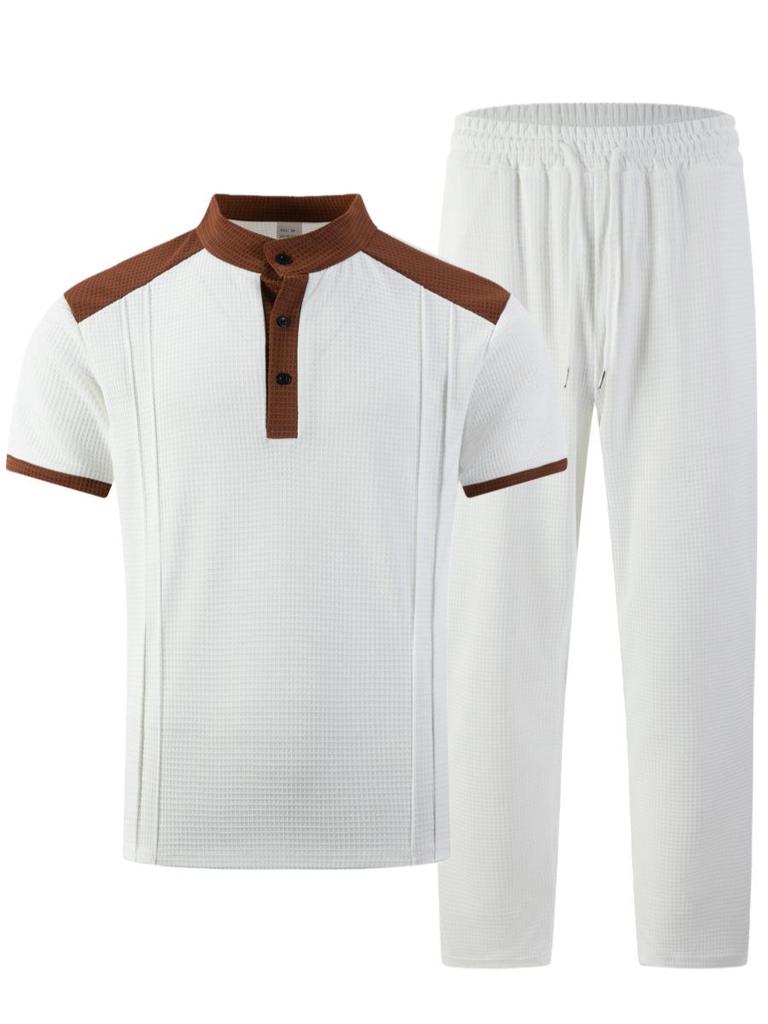 Men's Plaid Color Block Stand Collar Suit - Short Sleeve Shirt and Long Pants Set