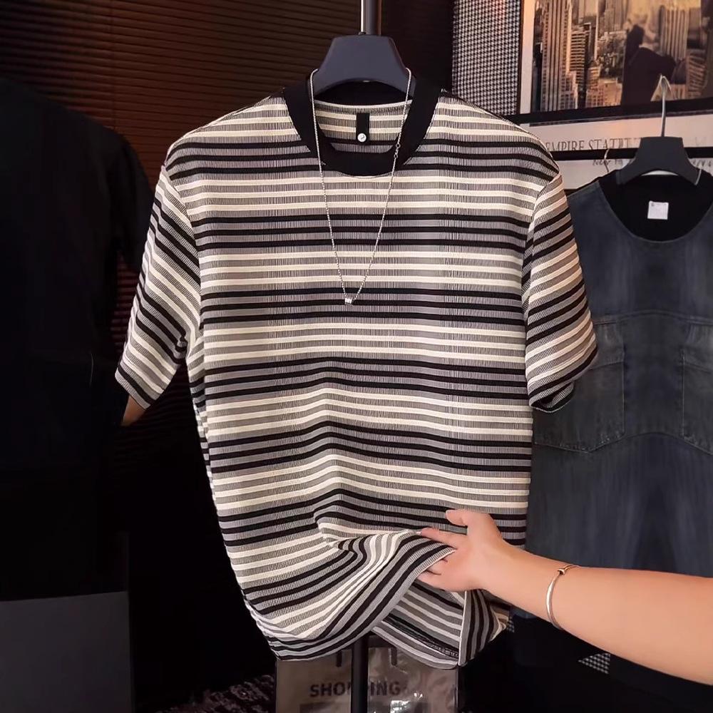 Striped Short Sleeve Men'S T-Shirt Crew Neck Light Luxury Versatile Half Sleeve Men'S Trend Fashion Loose Casual T-Shirt