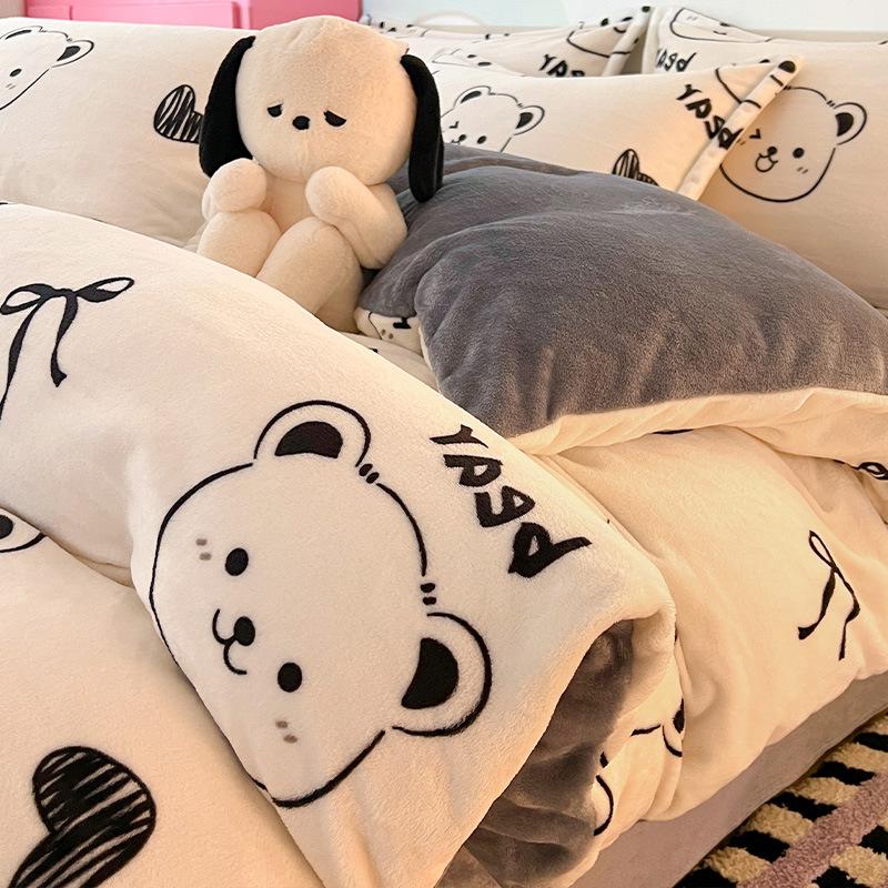 Cartoon Thickened Milk Fleece Coral Fleece Bed Four-Piece Set Fleece Flannel Quilt Cover Children'S Bed Single Three-Piece Set